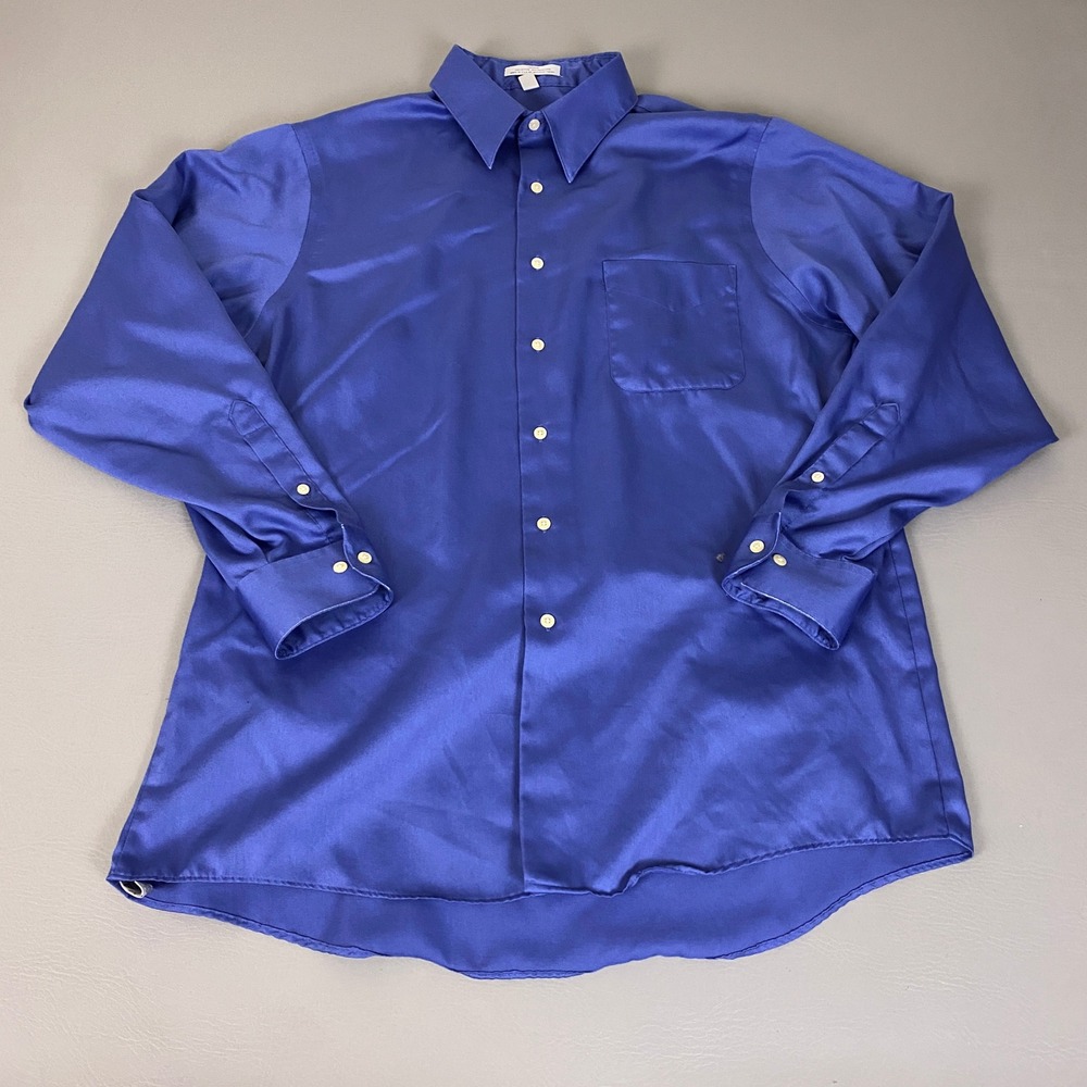 Geoffrey Beene Dress Shirt Men's 16.5 34/35 Royal Blue Sateen Wrinkle Free USA